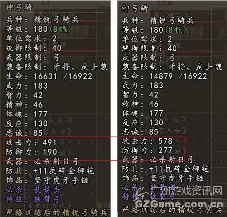 精锐弓骑兵施加倾城歌前后的攻击和防御变化。 精锐弓骑兵施加倾城歌前后的攻击和防御变化。